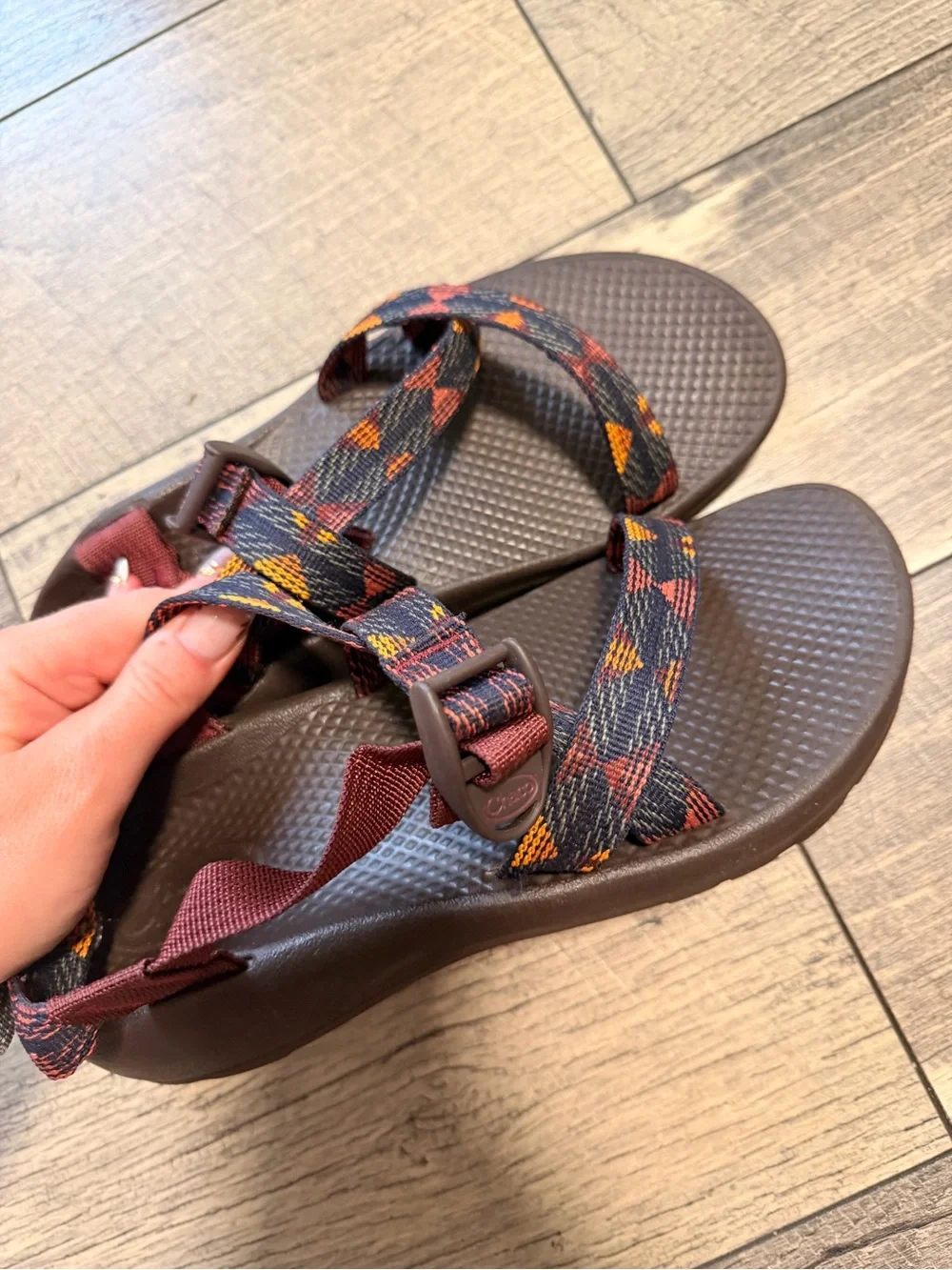 Chaco Brown Sandals with Multicolor Geometric Straps